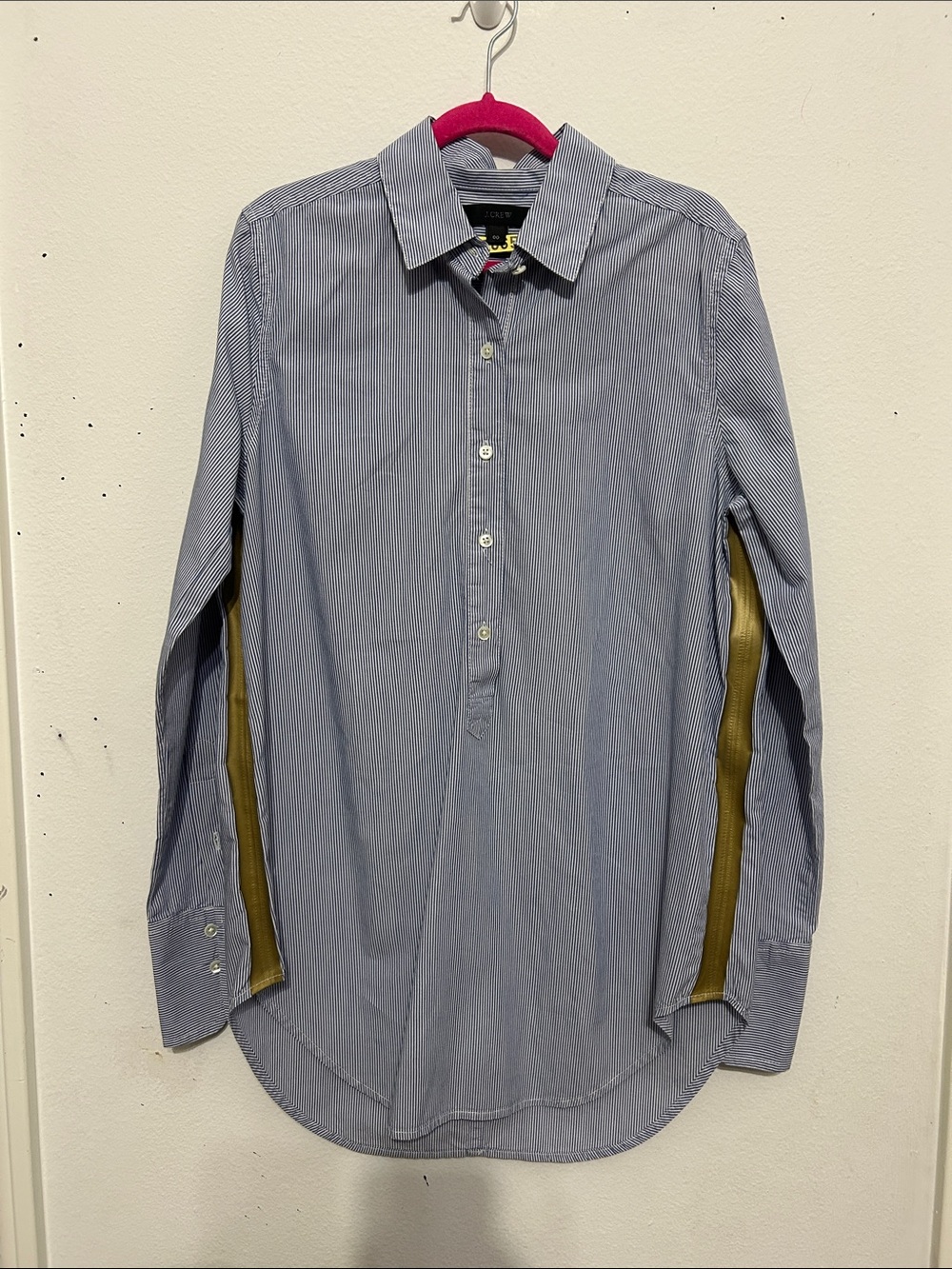 J Crew Blue White Popover Shirt Top Blouse Gold Side Stripe